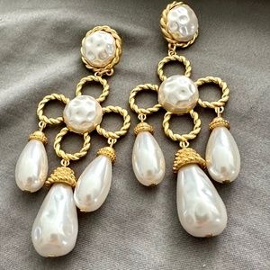 40S Big and Bold Vintage Luxe Waterdrop Pearl Flower Tassel Earrings ✨